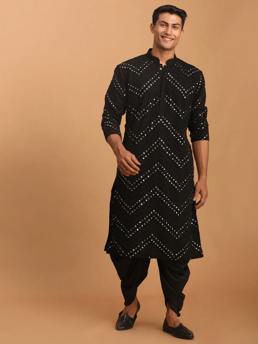 Vastramay Men's Black Mirror Kurta Dhoti And Dupatta Set