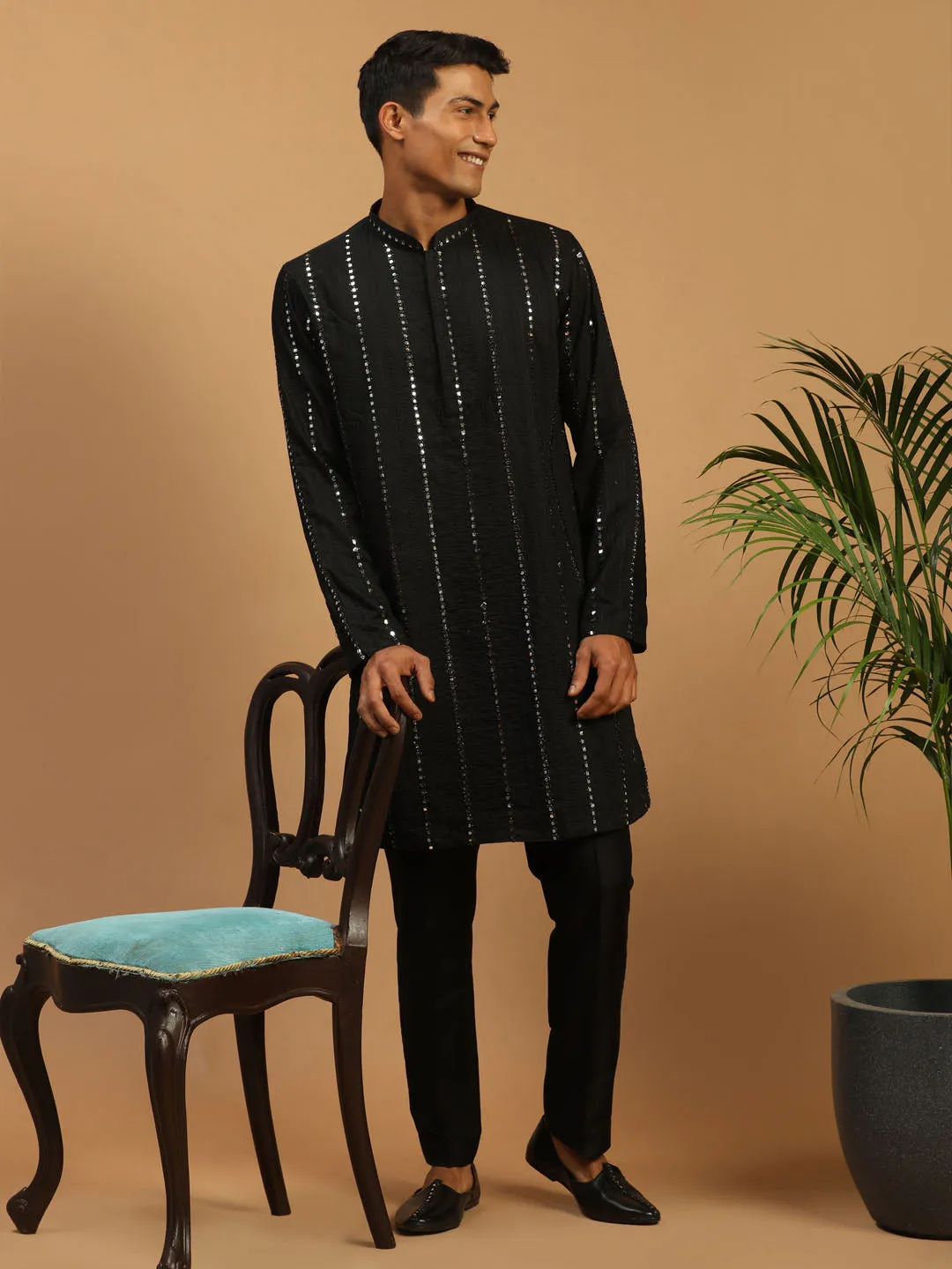 Vastramay Men's Black Mirror Kurta Pant And Dupatta set