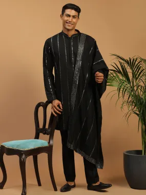 Vastramay Men's Black Mirror Kurta Pant And Dupatta set