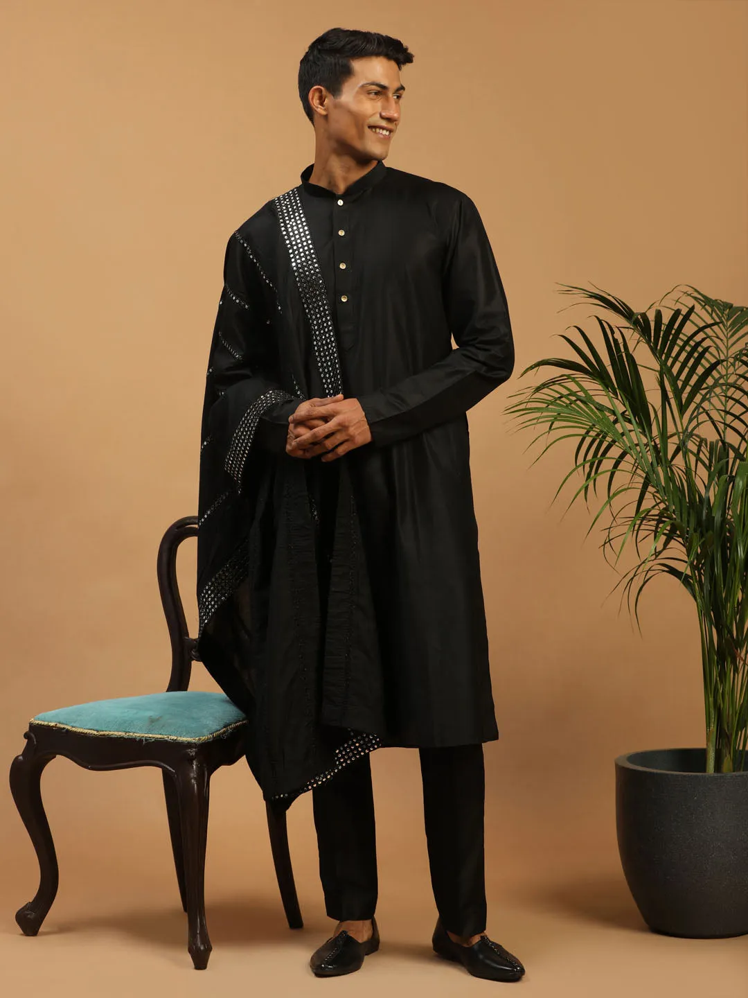 Vastramay Men's Black Viscose Kurta Pant And Dupatta Set