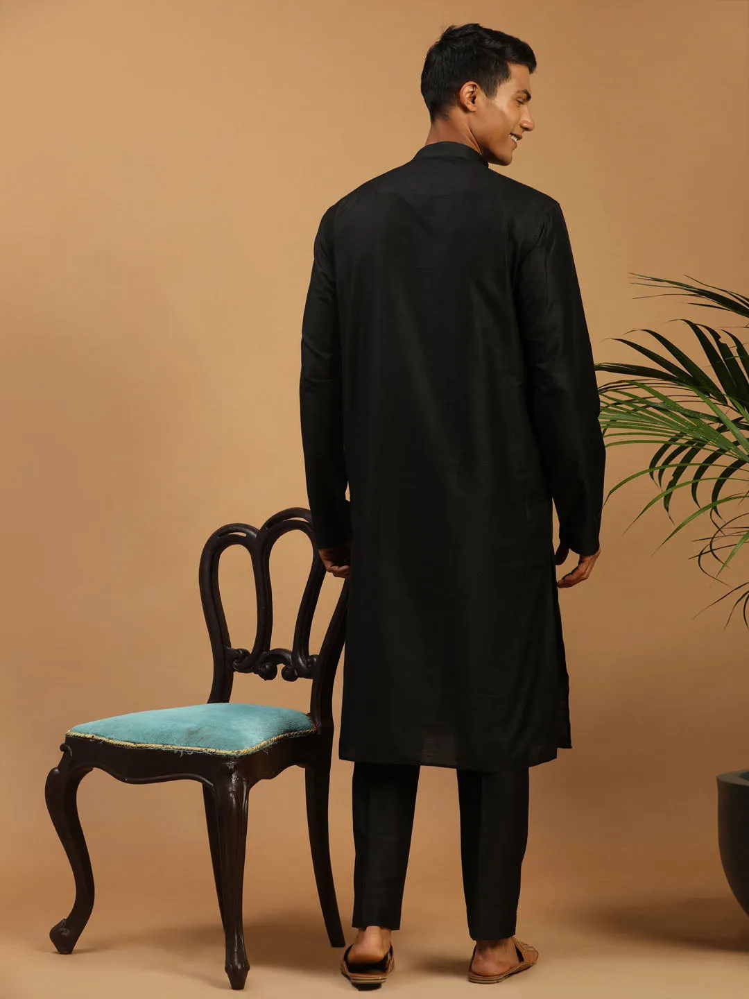 Vastramay Men's Black Viscose Kurta Pant And Dupatta Set