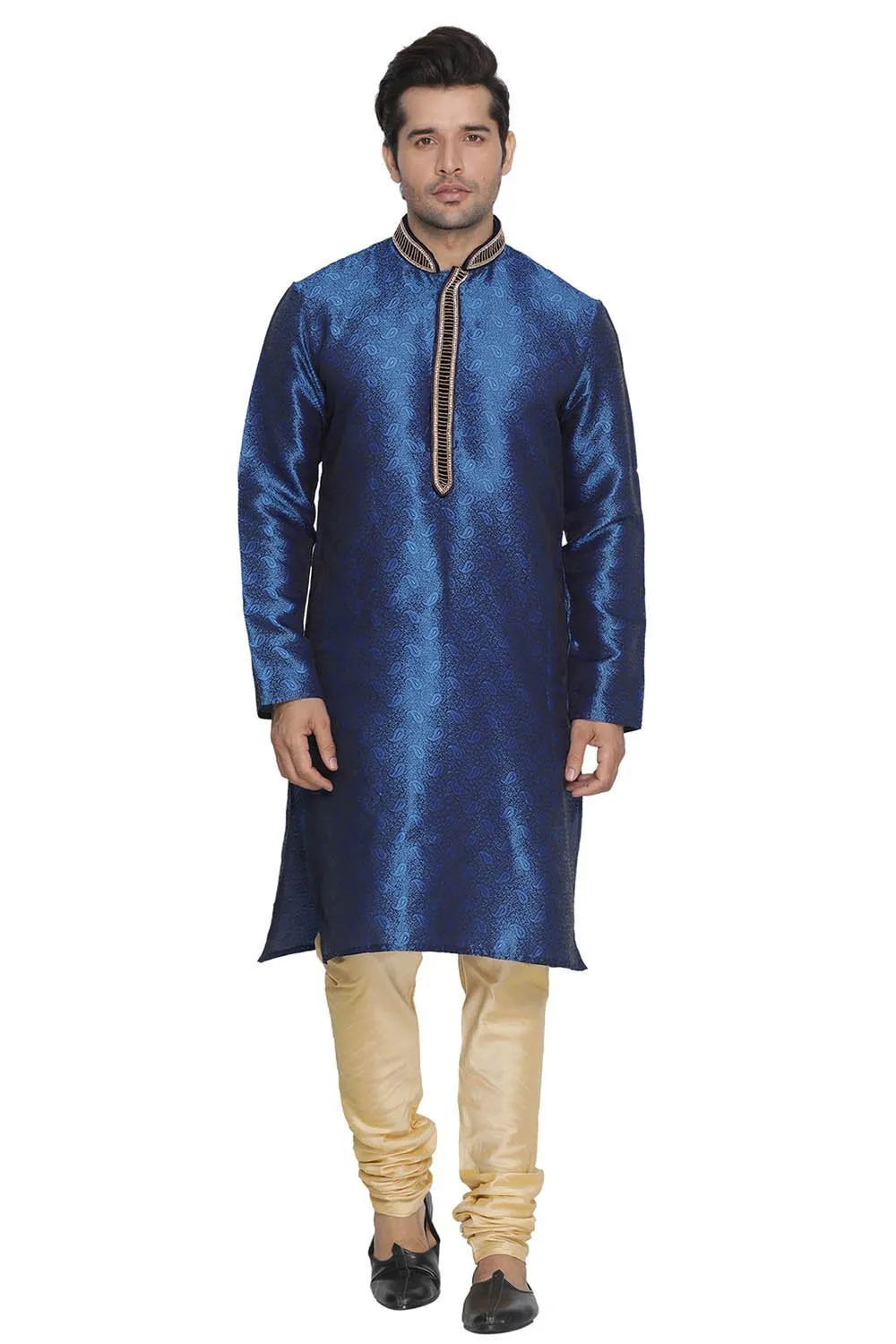 VASTRAMAY Men's Blue Cotton Silk Blend Kurta and Pyjama Set