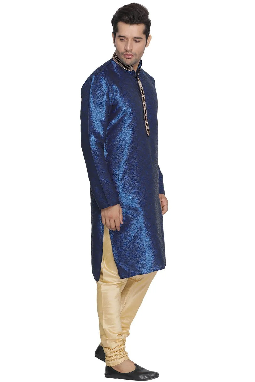 VASTRAMAY Men's Blue Cotton Silk Blend Kurta and Pyjama Set