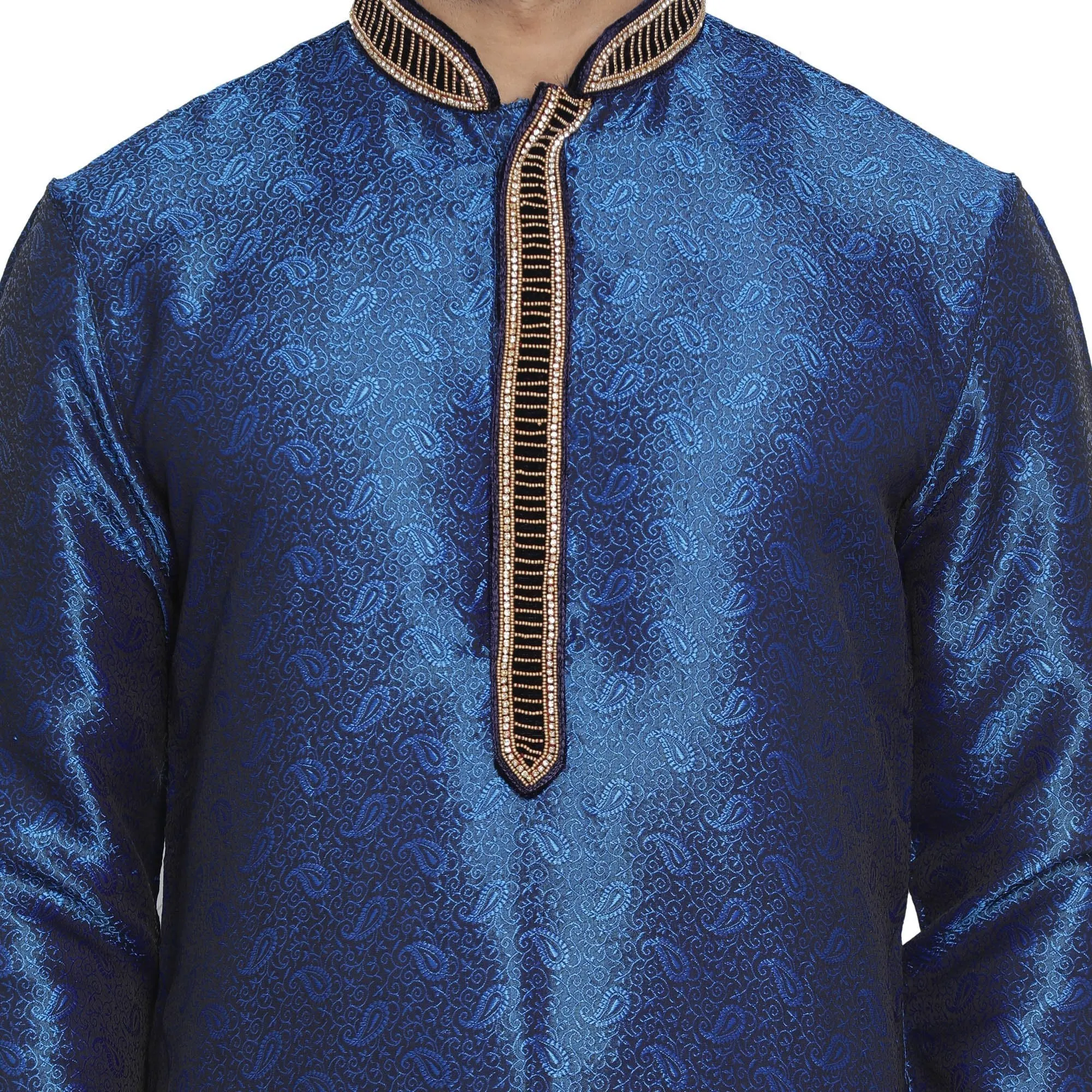 VASTRAMAY Men's Blue Cotton Silk Blend Kurta and Pyjama Set