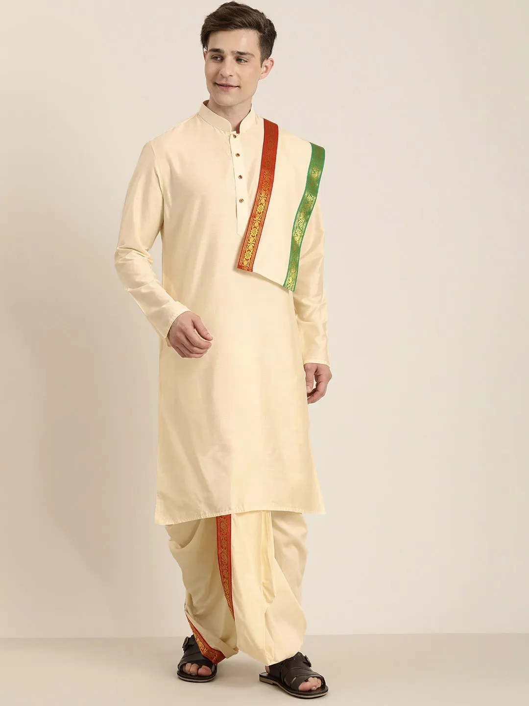 Vastramay Men's Cream Cotton Blend Kurta Dhoti And Dupatta Set