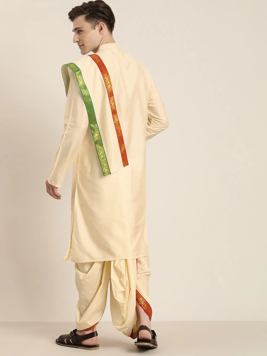 Vastramay Men's Cream Cotton Blend Kurta Dhoti And Dupatta Set