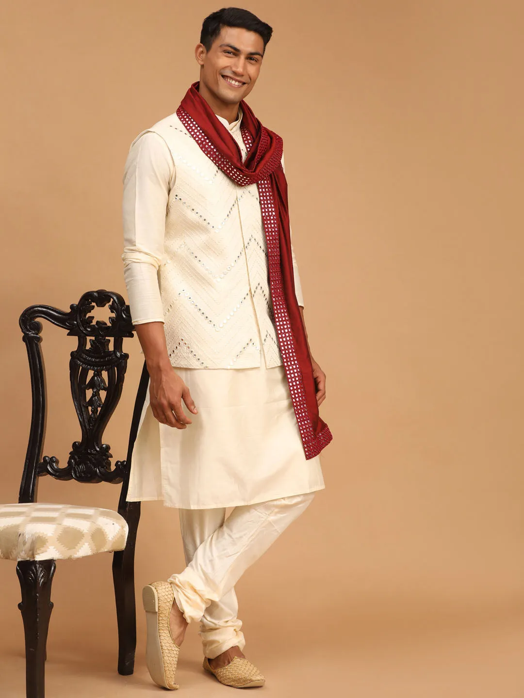 Vastramay Men's Cream Mirror Jacket With Kurta Pyjama And Dupatta Set