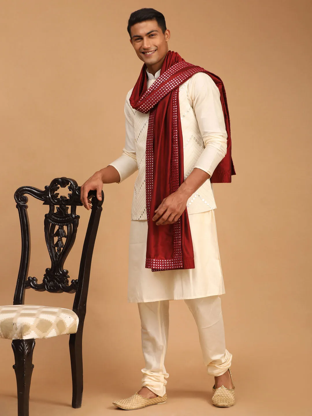 Vastramay Men's Cream Mirror Jacket With Kurta Pyjama And Dupatta Set