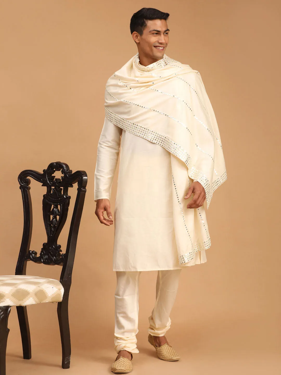 Vastramay Men's Cream Viscose Kurta Pyjama And Dupatta Set