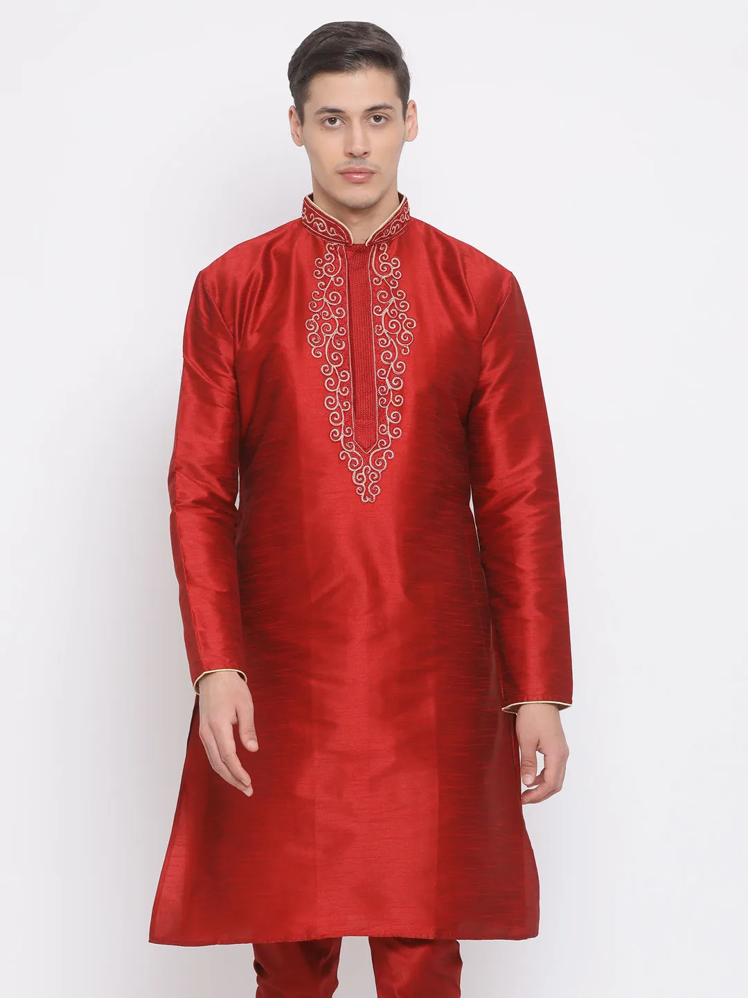 VASTRAMAY Men's Maroon Color Cotton Silk Blend Kurta