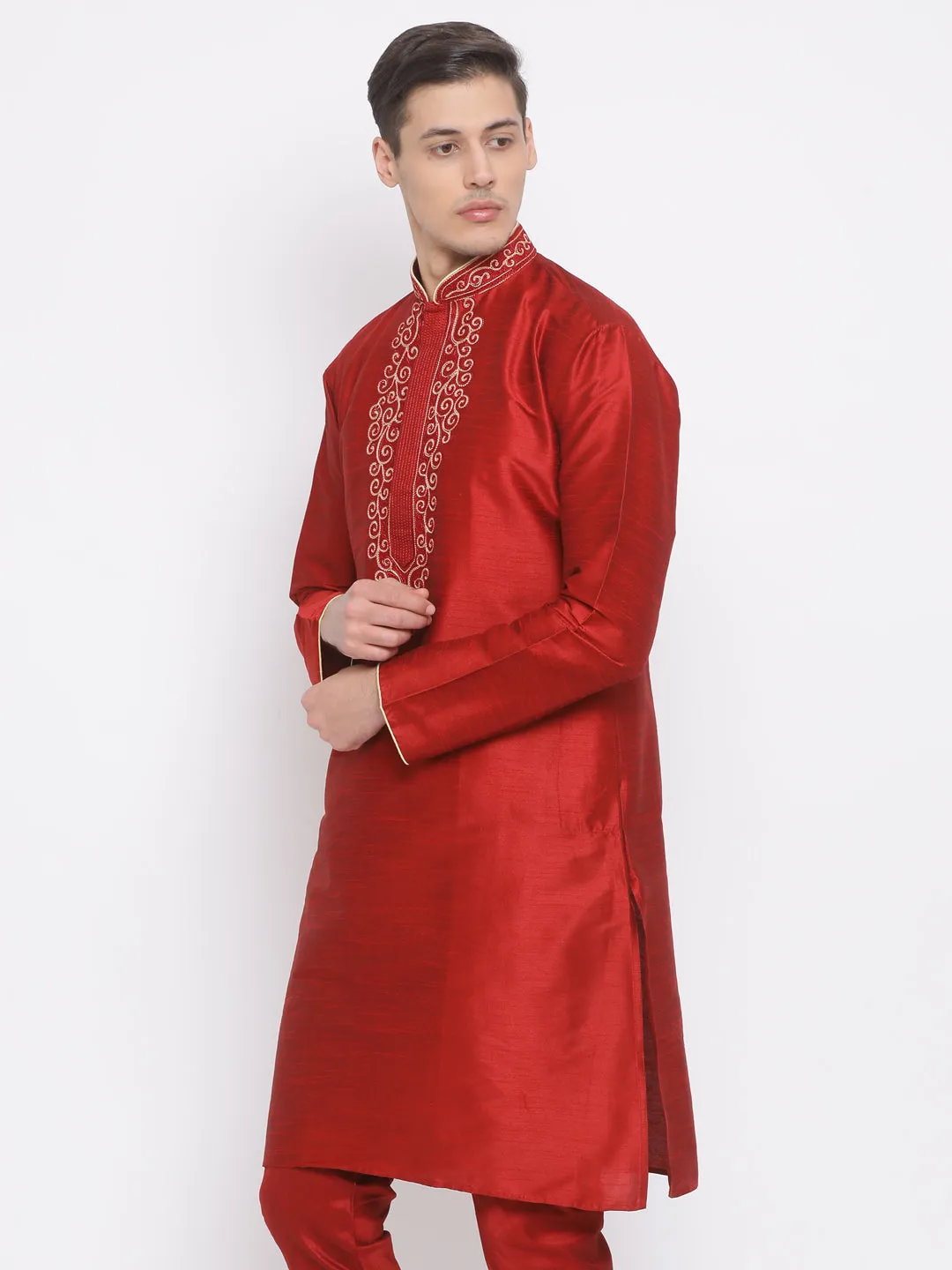 VASTRAMAY Men's Maroon Color Cotton Silk Blend Kurta