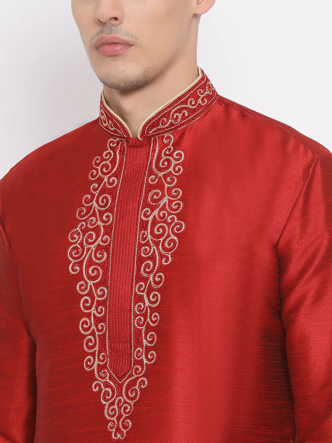 VASTRAMAY Men's Maroon Color Cotton Silk Blend Kurta