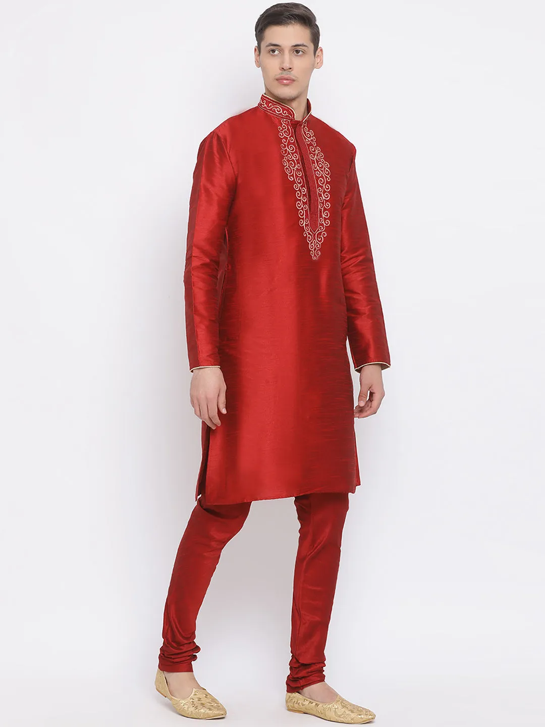 VASTRAMAY Men's Maroon Color Cotton Silk Blend Kurta