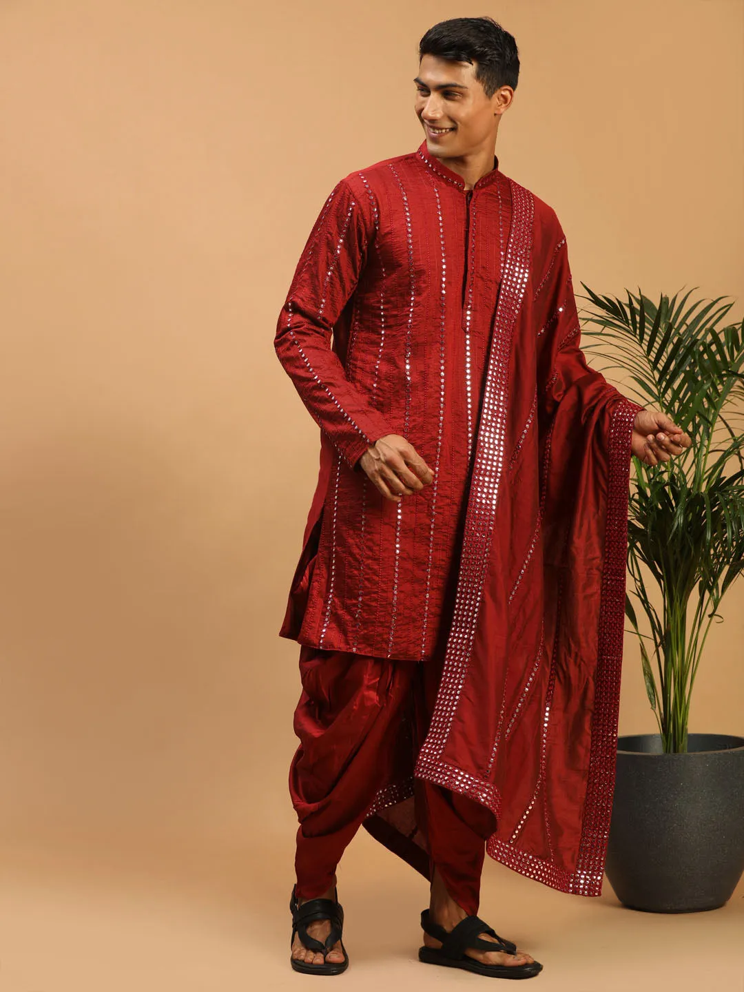 Vastramay Men's Maroon Mirror Kurta Dhoti And Dupatta Set