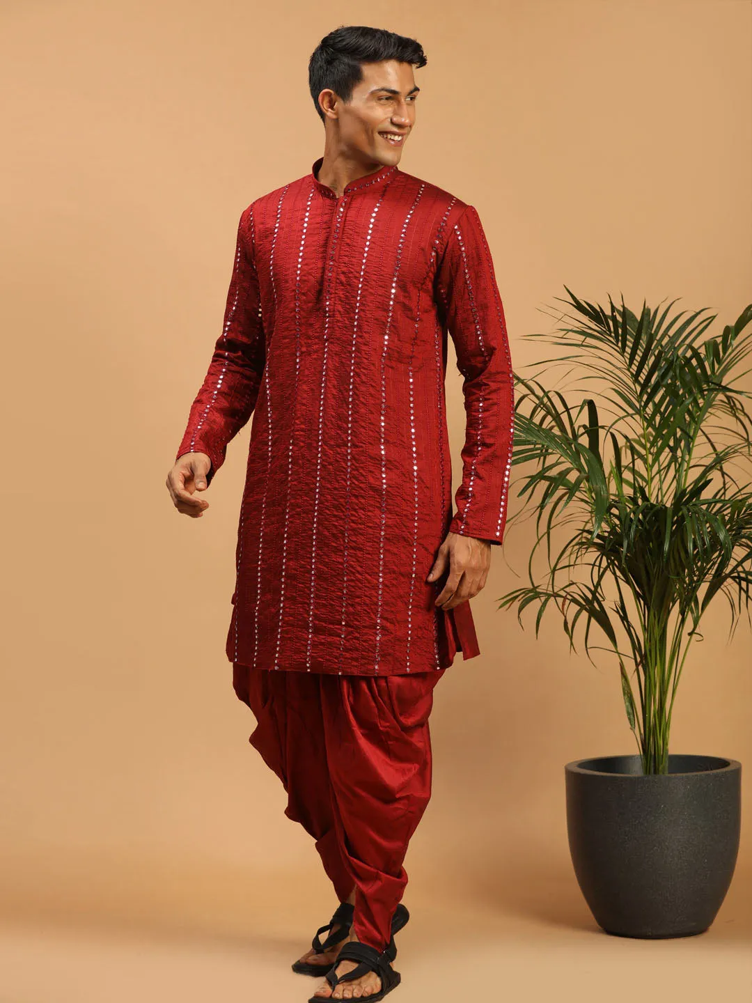 Vastramay Men's Maroon Mirror Kurta Dhoti And Dupatta Set