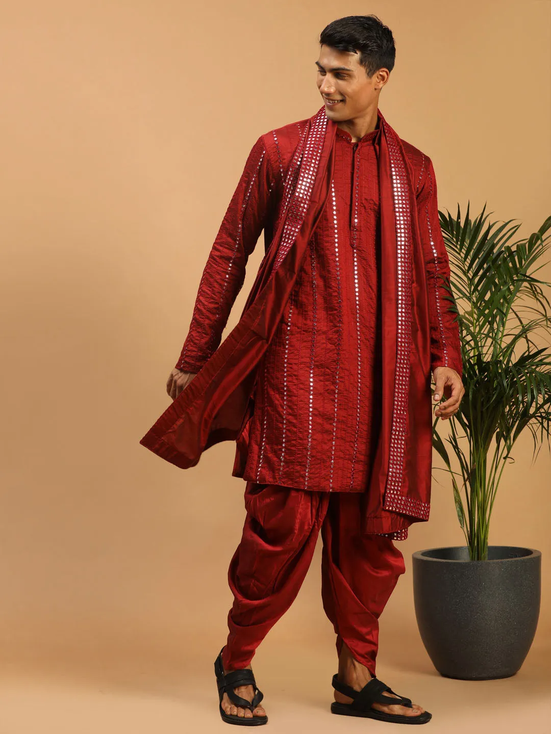 Vastramay Men's Maroon Mirror Kurta With Dhoti And Dupatta Set