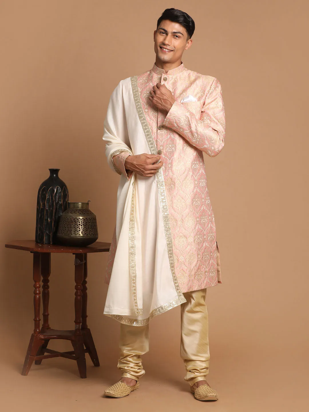 Vastramay Men's Pink And Gold Silk Blend Sherwani Set With Cream Colour Dupatta