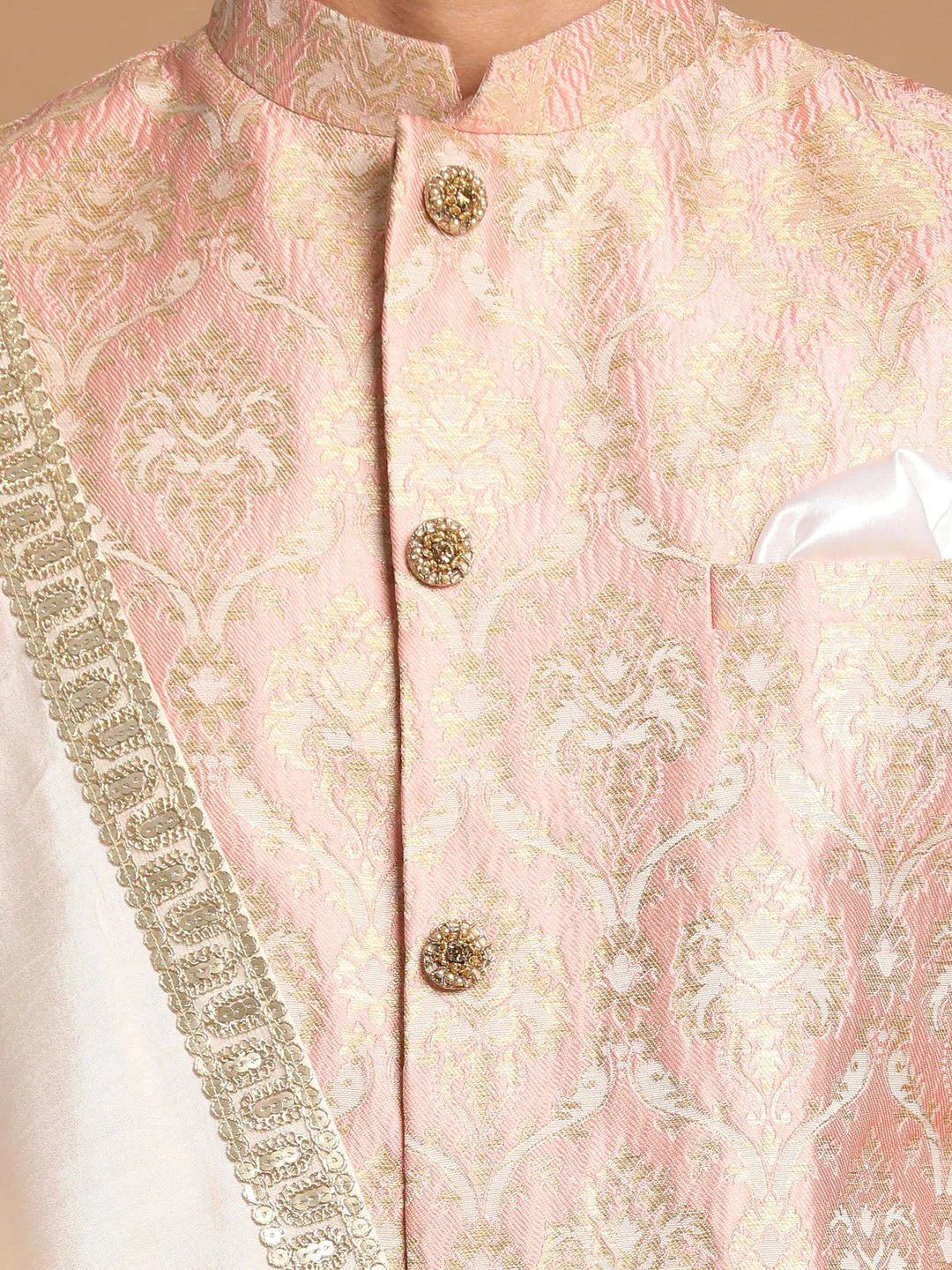 Vastramay Men's Pink And Gold Silk Blend Sherwani Set With Cream Colour Dupatta