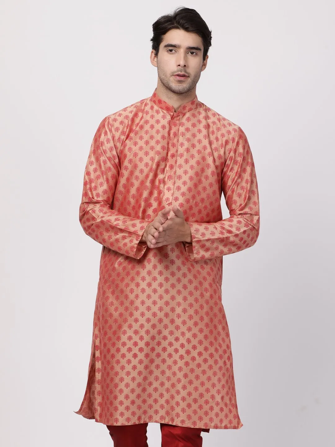 VASTRAMAY Men's Pink Cotton Silk Blend Kurta