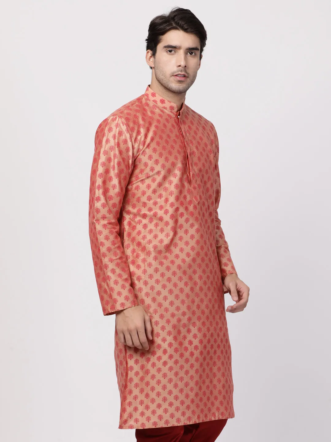 VASTRAMAY Men's Pink Cotton Silk Blend Kurta