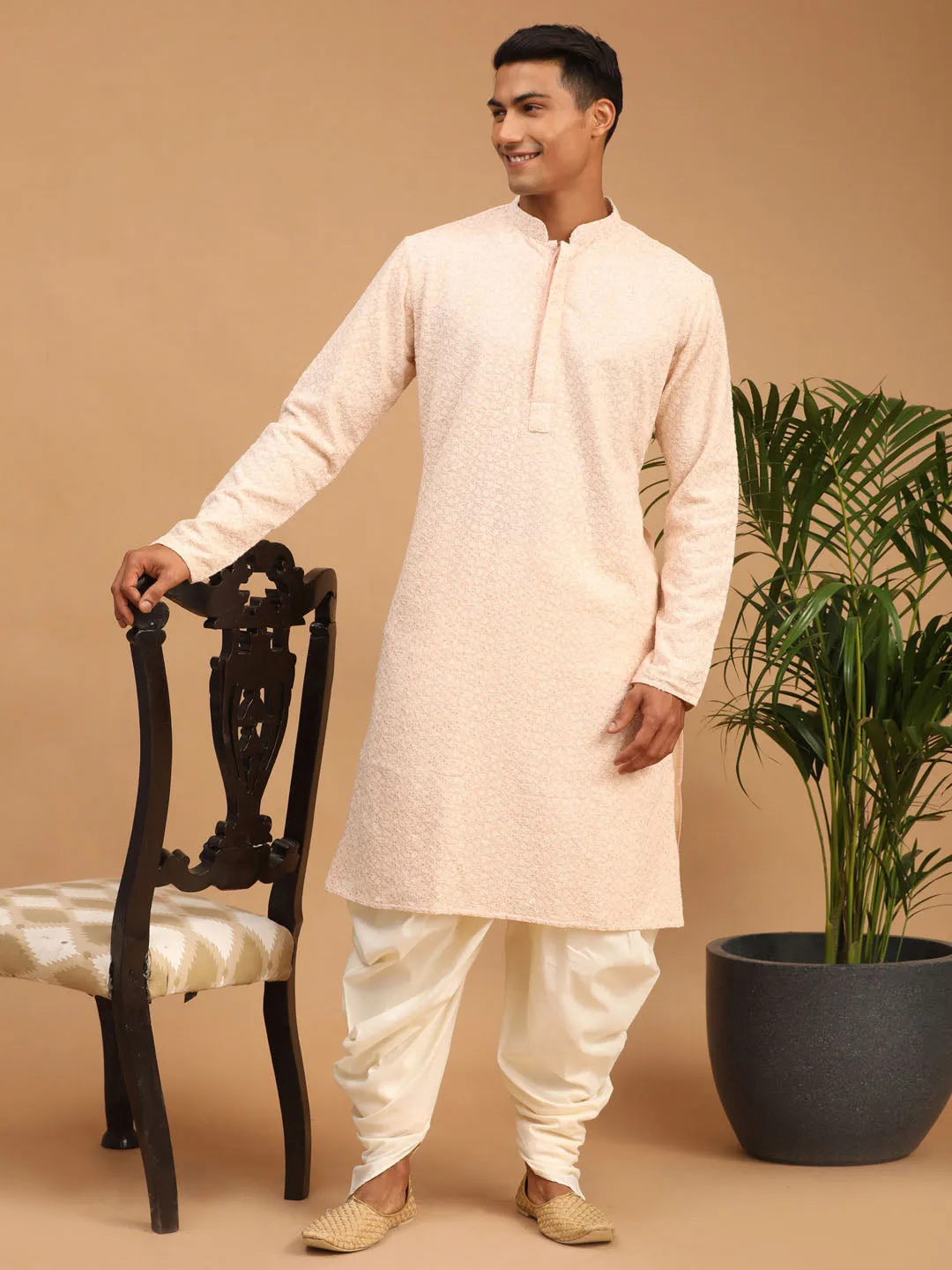 Vastramay Men's Pink Ethnic Chikankari Kurta Dhoti And Dupatta set