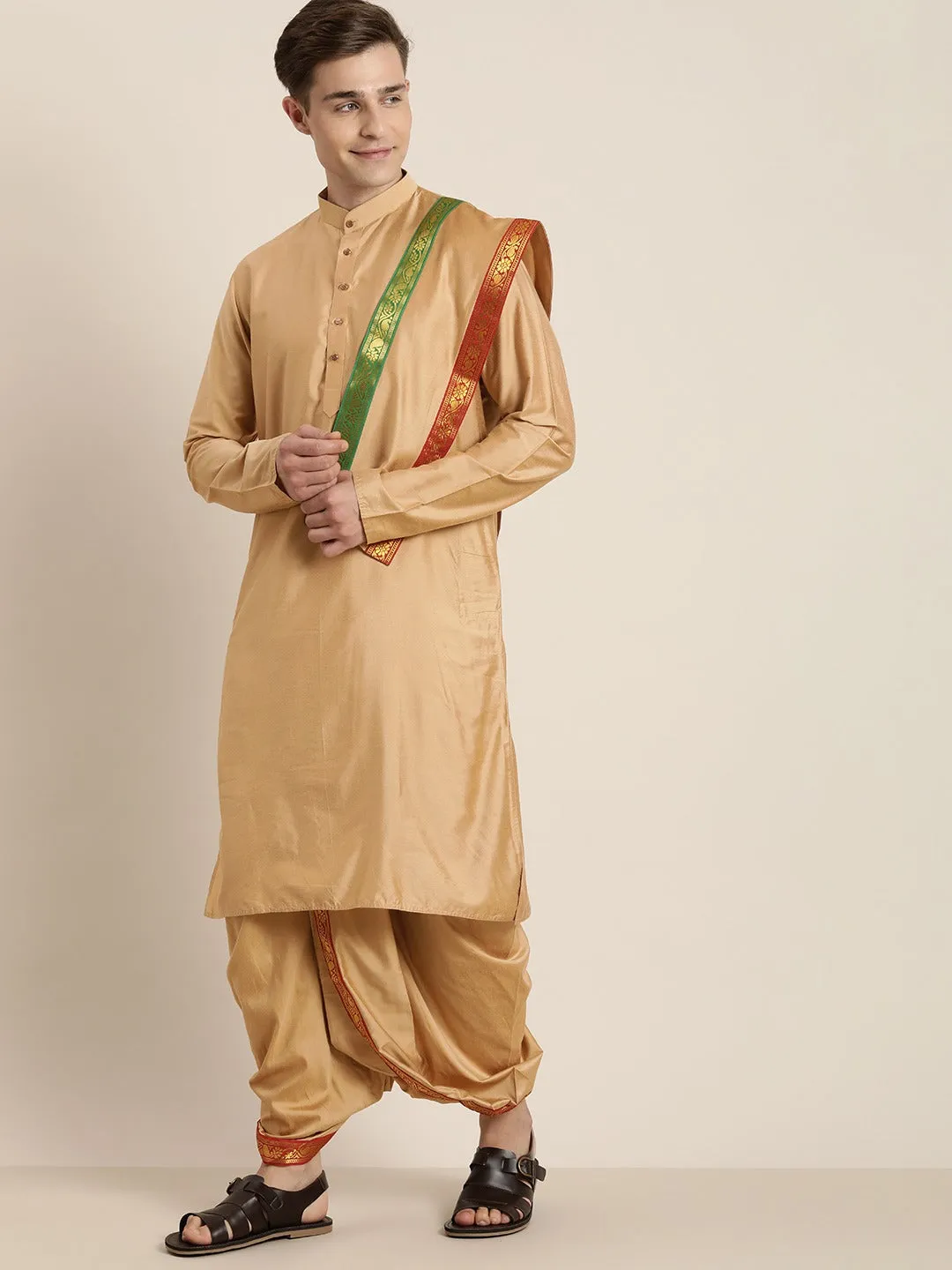 Vastramay Men's Rose Gold Cotton Blend Kurta Dhoti And Dupatta Set