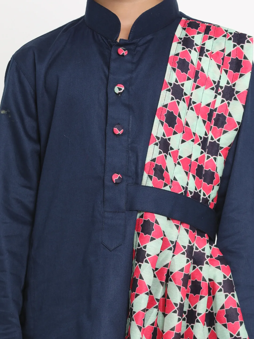 Vastramay Printed Dupatta Attached With A Belt Navy Blue Kurta And Pyjama Set