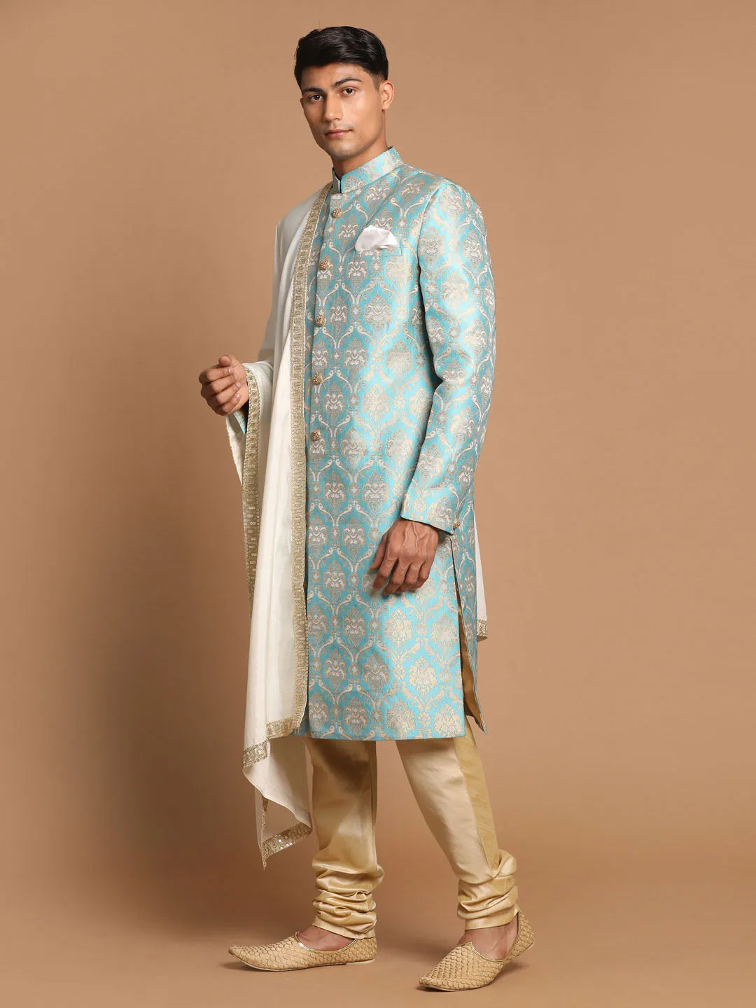 Vastramay Sea Green And Gold Brocade Jacquard Sherwani Set With Cream Dupatta