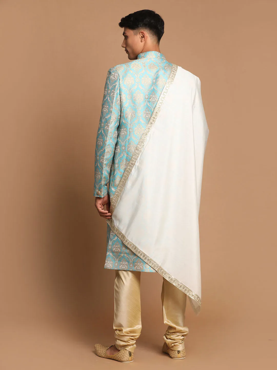 Vastramay Sea Green And Gold Brocade Jacquard Sherwani Set With Cream Dupatta