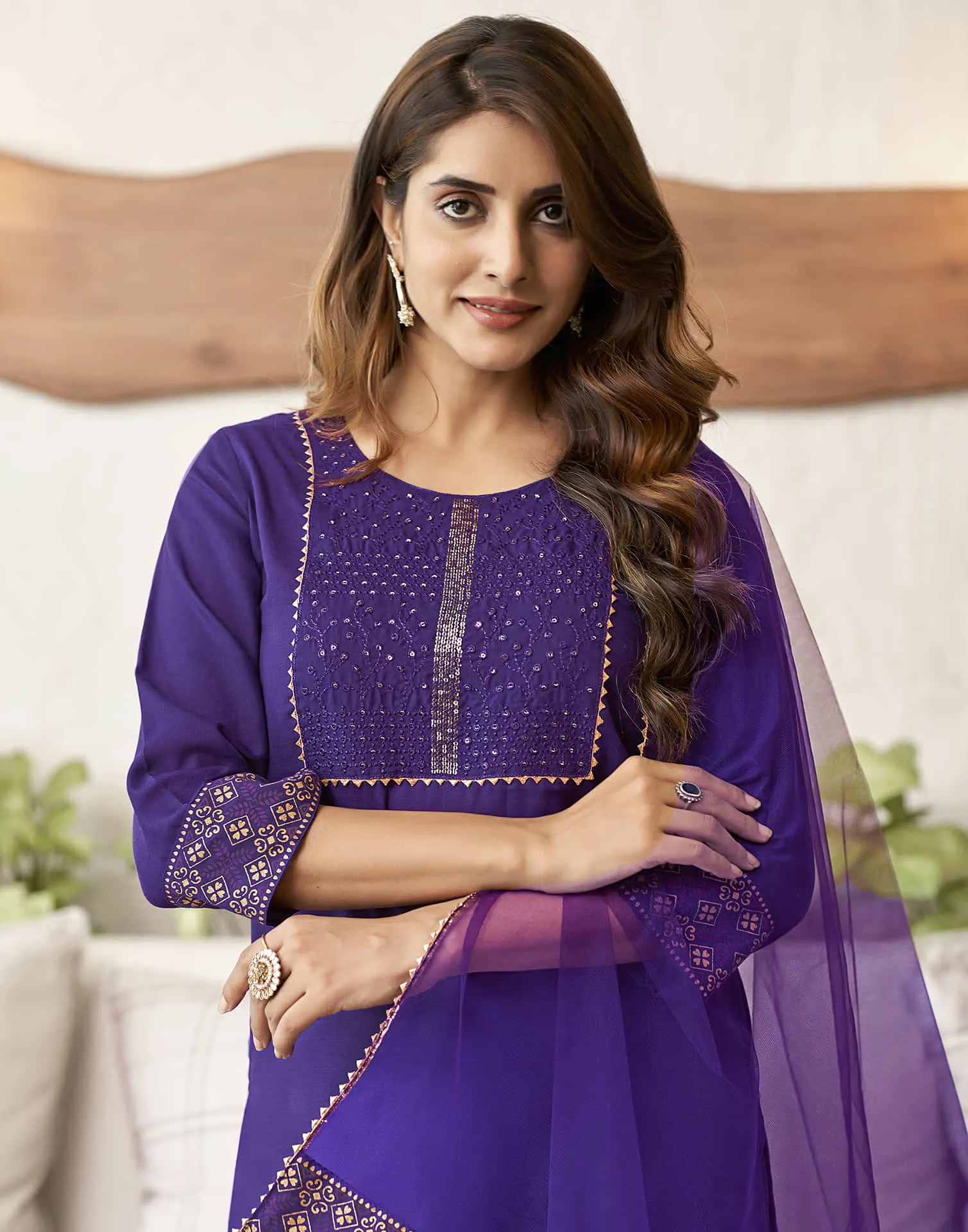 Violet Embroidery Cotton Straight Kurta With Pant And Dupatta