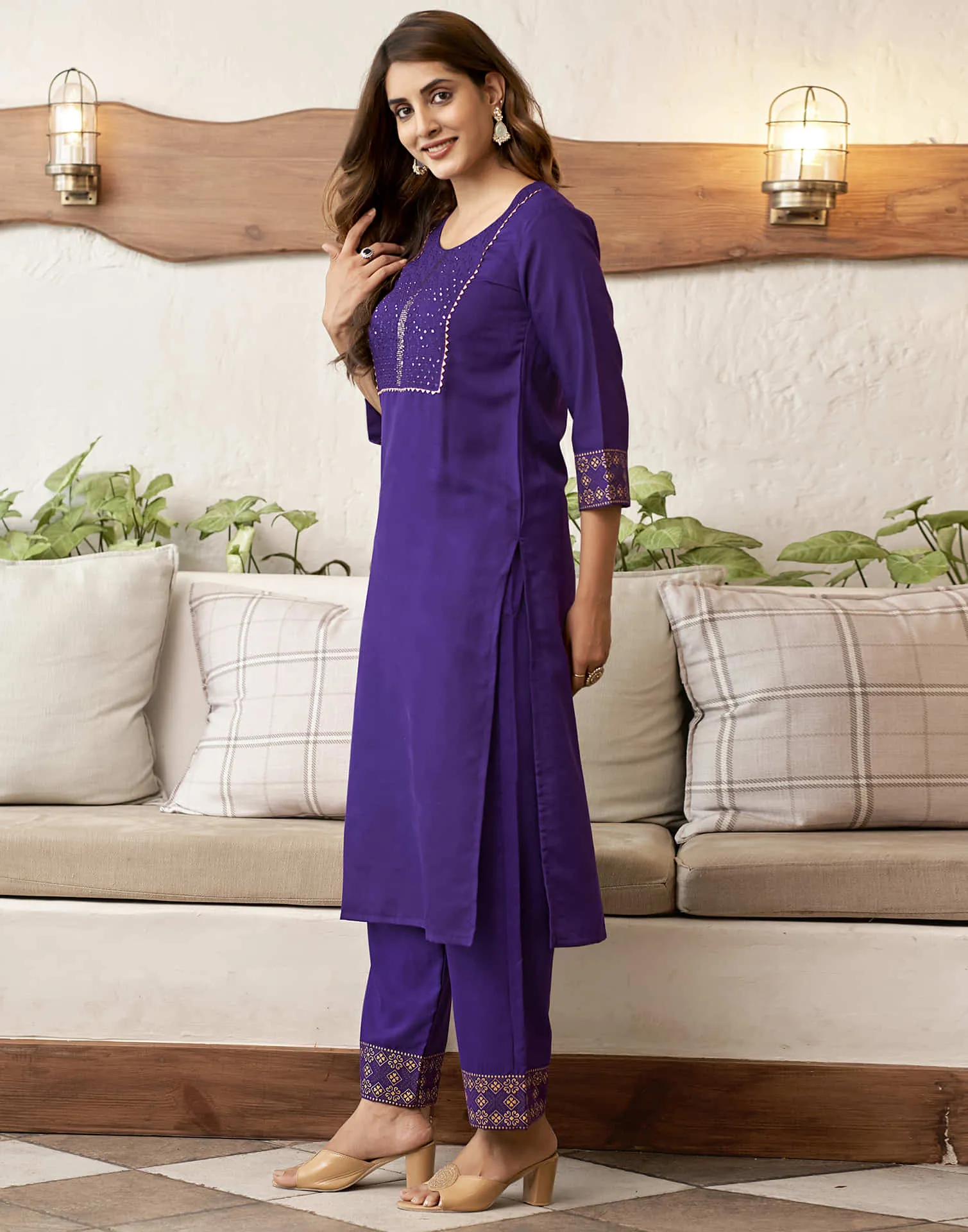 Violet Embroidery Cotton Straight Kurta With Pant And Dupatta