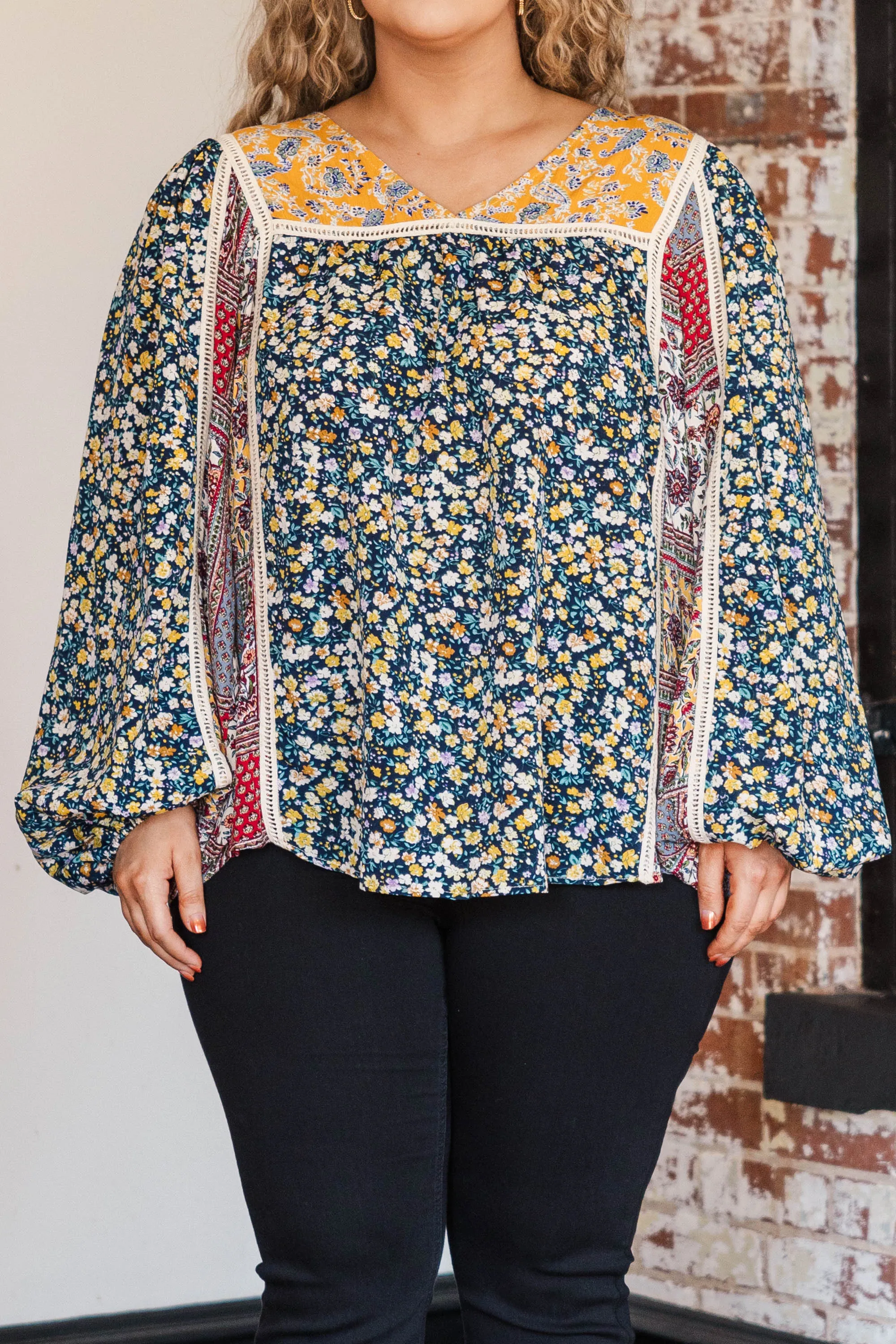 Whimsical Drapes Blouse, Navy