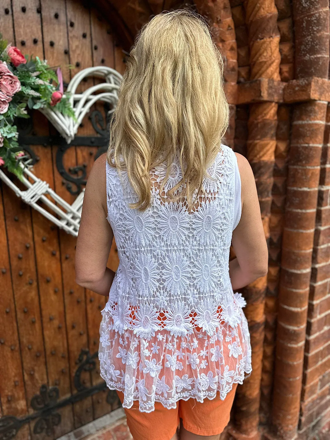 White Sleeveless Crochet Floral Cardigan Liberty