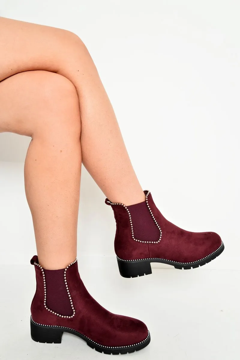 Wine Faux Suede Stud Trim Chelsea Boots - Spencer