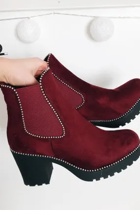 Wine Faux Suede Stud Trim Chelsea Boots - Spencer