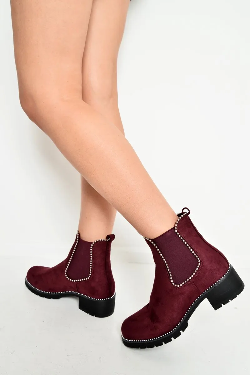 Wine Faux Suede Stud Trim Chelsea Boots - Spencer