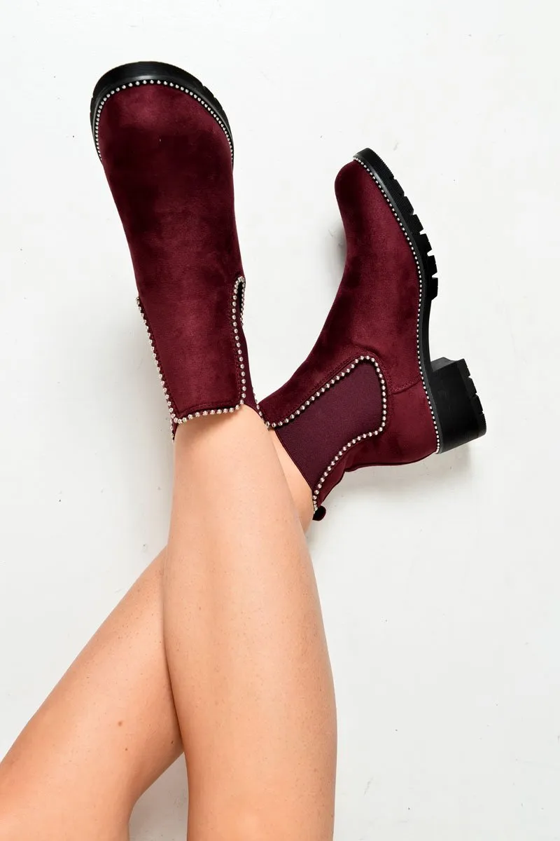 Wine Faux Suede Stud Trim Chelsea Boots - Spencer