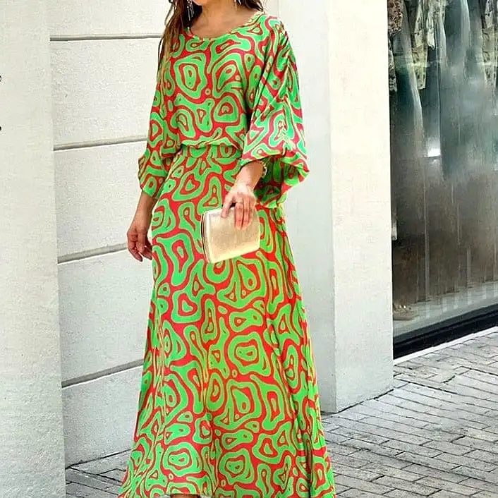 Women Summer Loose Printed Doll Sleeve Long Sleeve Top High Waist Long Skirt Suit S4600002