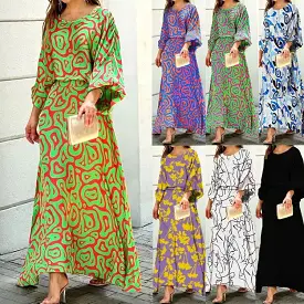 Women Summer Loose Printed Doll Sleeve Long Sleeve Top High Waist Long Skirt Suit S4600002