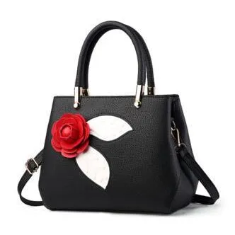 Women Tote Messenger Faux-Leather Handbag with Attractive Red Rose Flo - Leather Skin Shop