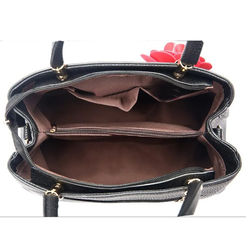 Women Tote Messenger Faux-Leather Handbag with Attractive Red Rose Flo - Leather Skin Shop