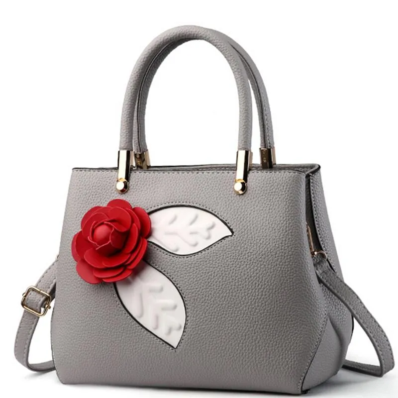 Women Tote Messenger Faux-Leather Handbag with Attractive Red Rose Flo - Leather Skin Shop