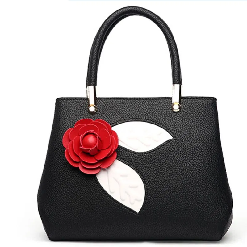 Women Tote Messenger Faux-Leather Handbag with Attractive Red Rose Flo - Leather Skin Shop