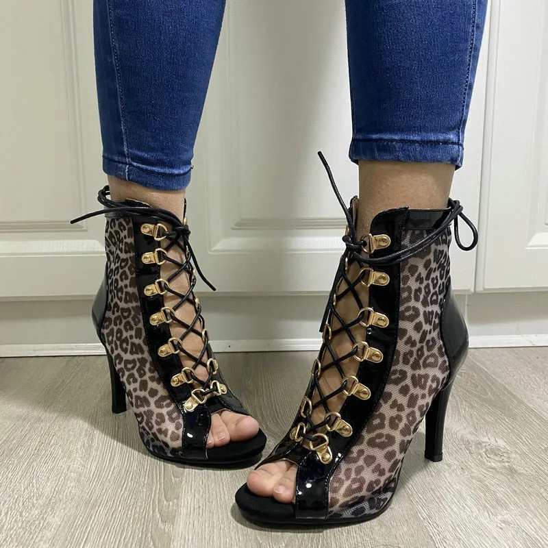 Women's Indoor Fashion Sexy Leopard Grain Peep Toe High Heel Boots