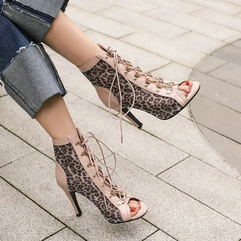 Women's Indoor Fashion Sexy Leopard Grain Peep Toe High Heel Boots