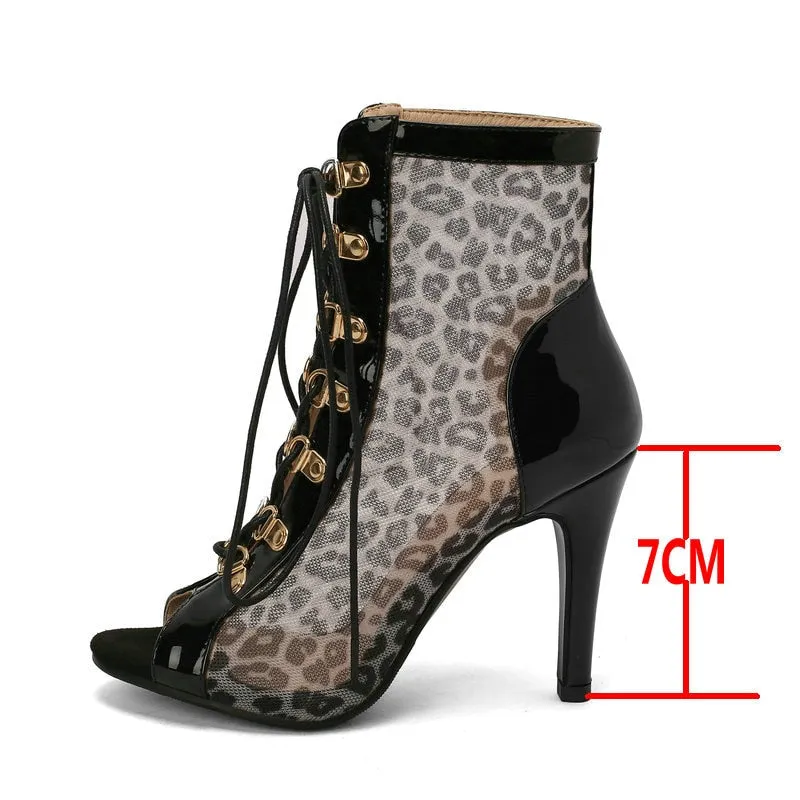 Women's Indoor Fashion Sexy Leopard Grain Peep Toe High Heel Boots