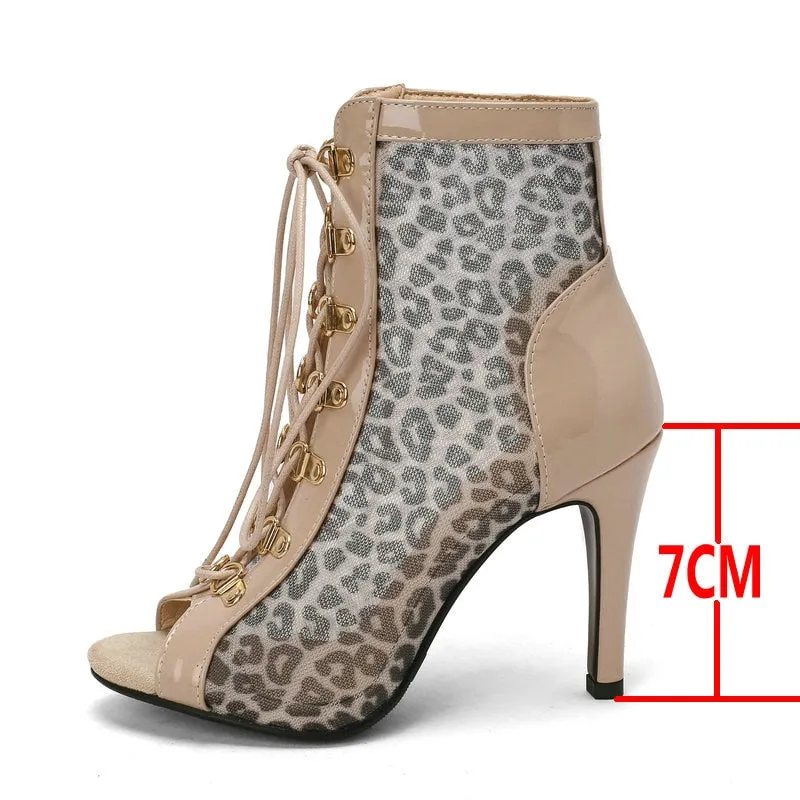 Women's Indoor Fashion Sexy Leopard Grain Peep Toe High Heel Boots