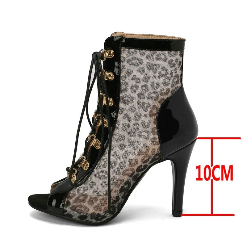 Women's Indoor Fashion Sexy Leopard Grain Peep Toe High Heel Boots