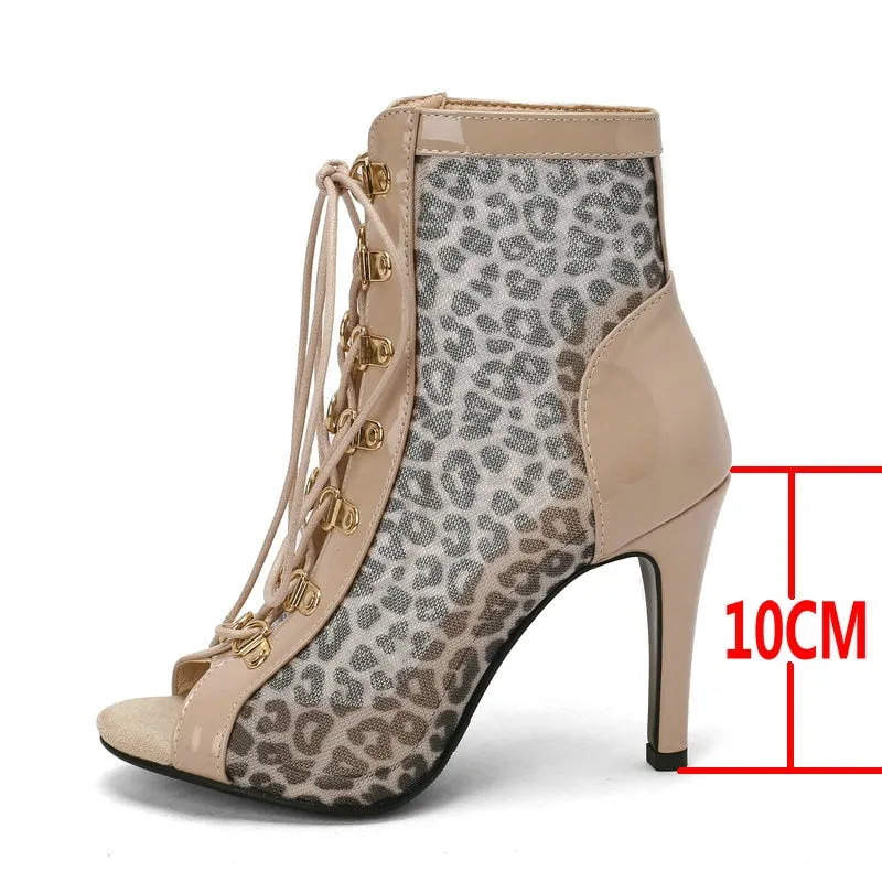 Women's Indoor Fashion Sexy Leopard Grain Peep Toe High Heel Boots