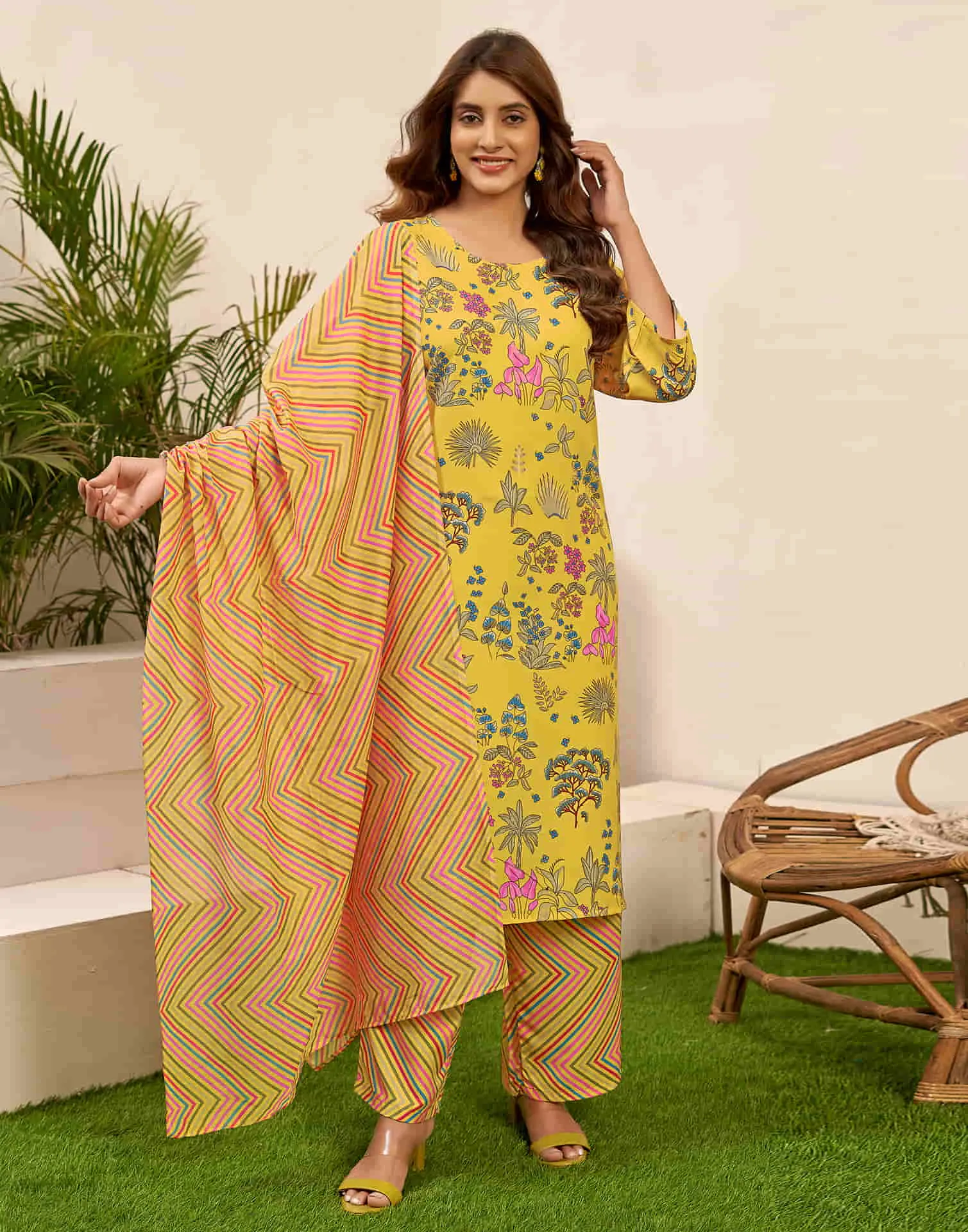 Yellow Printed Rayon Straight Kurta With Pant And Dupatta